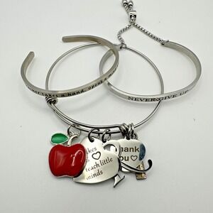 Set of 3 Bangles - Teacher Appreciation Charm‎ Bracelet Apple Tree Heart Quote